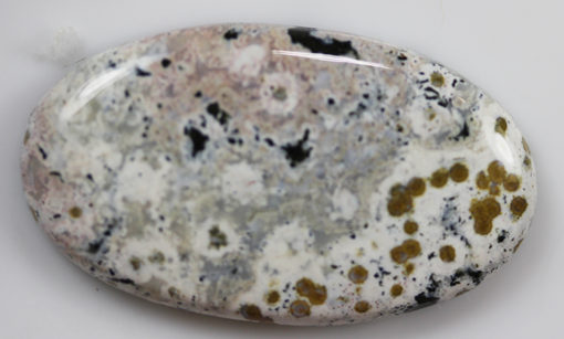 A white stone with black spots on it.