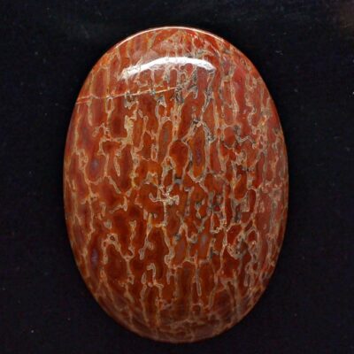 A red and brown stone cabochon on a black surface.