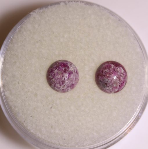 A pair of purple gemstone studs in a glass container.