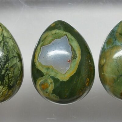 Three pieces of green and yellow jasper in a display case.