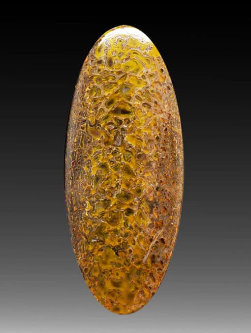 A yellow and brown glass oval on a black background.