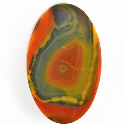 An orange and green agate stone on a white background.