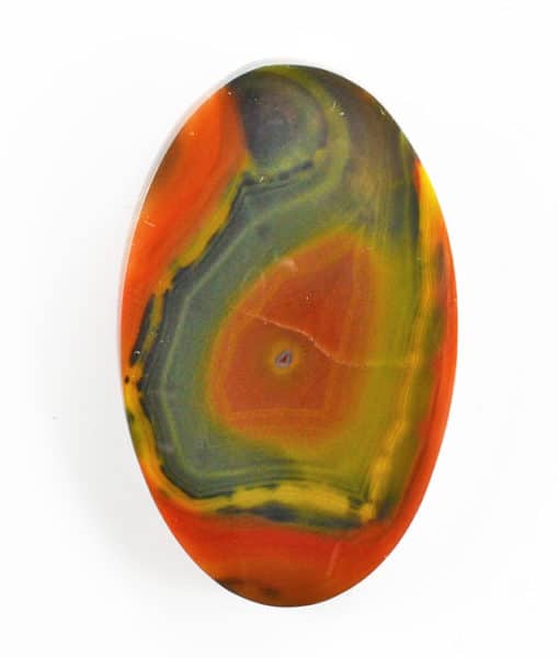 An orange and green agate stone on a white background.