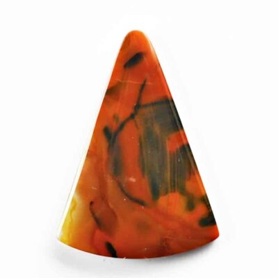 A triangle shaped piece of orange and black agate.