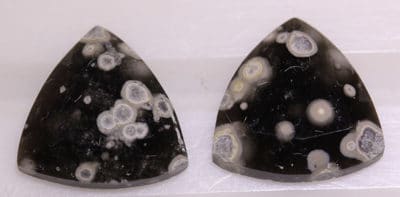 A pair of black and white agate cabochons.