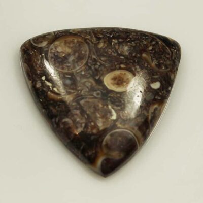 A black and brown agate triangle on a white surface.