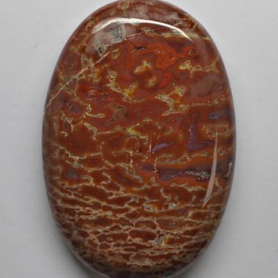 An oval shaped red jasper stone on a white surface.