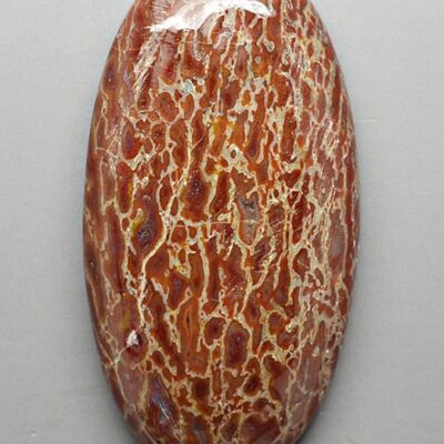An oval shaped piece of red jasper.