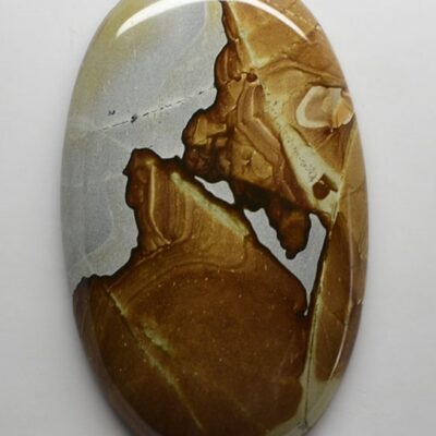 A round piece of brown and white jasper on a white surface.