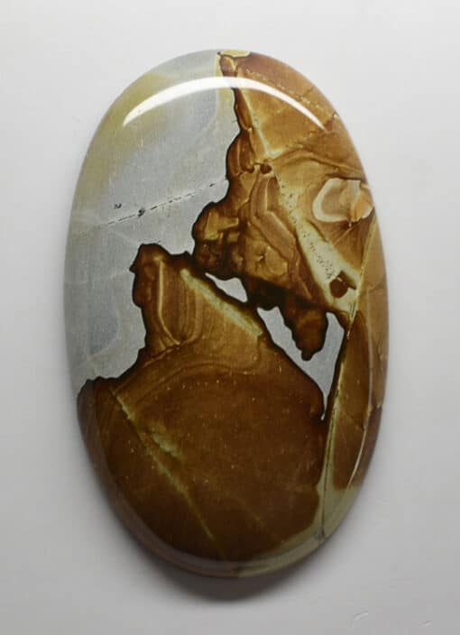 A round piece of brown and white jasper on a white surface.