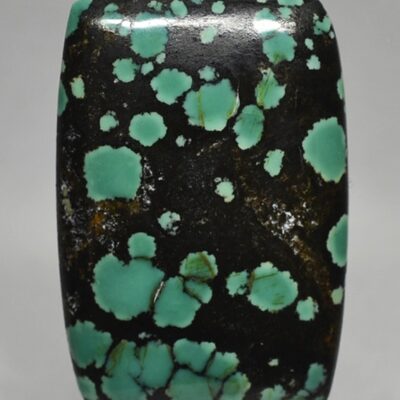 A square piece of turquoise with black spots on it.