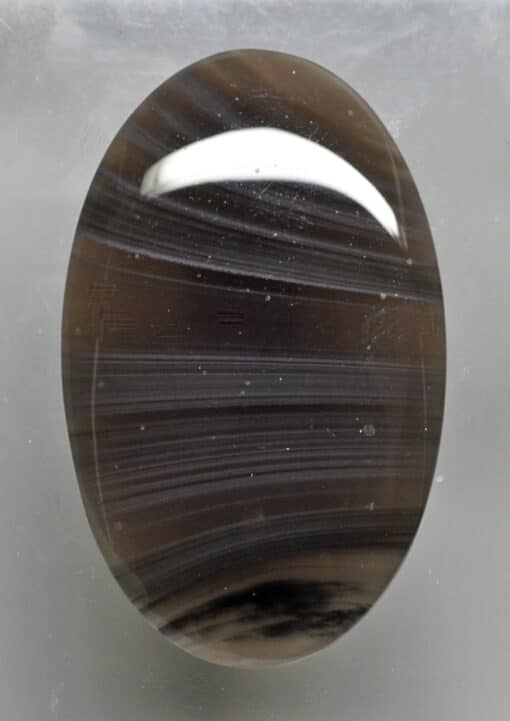 An oval black agate stone on a white surface.