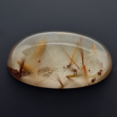 A piece of Quartz with Amphibole 133.77 ct. oval cabochon 65.3 x 29.5 mm. y90711 with dried grass on it.