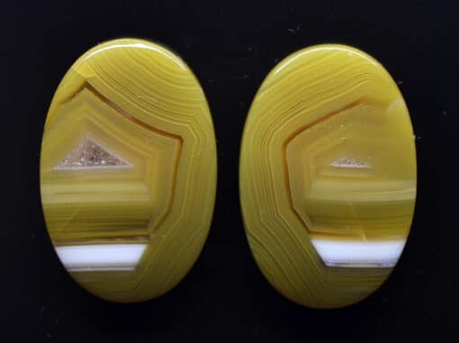 A pair of yellow agate cabochons on a black background.