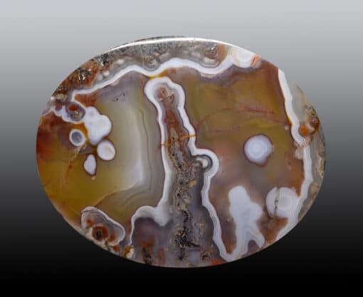 A round piece of agate with white and brown swirls.