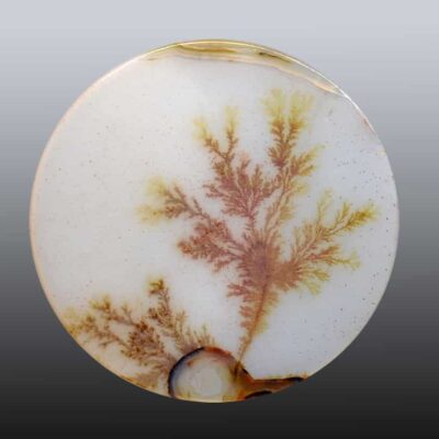 A round piece of agate with a tree on it.