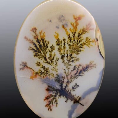 A round piece of agate with leaves on it.