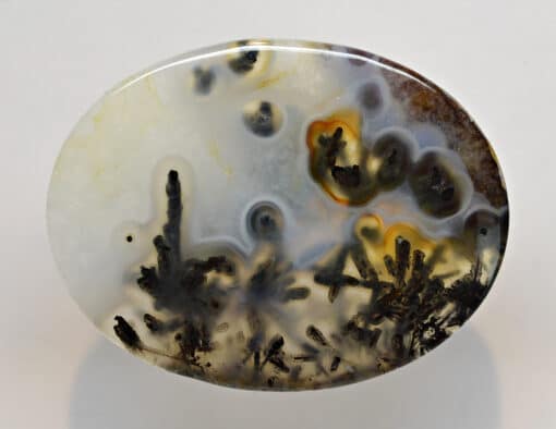 A round piece of agate with a black and white pattern.