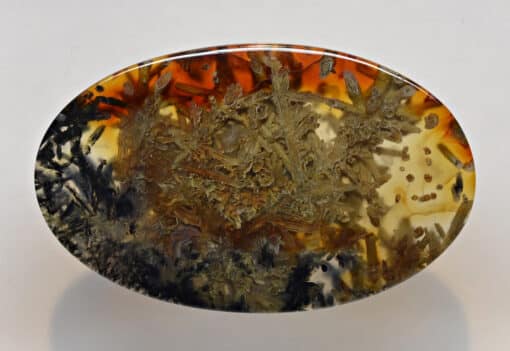 An oval shaped piece of amber with a pattern on it.