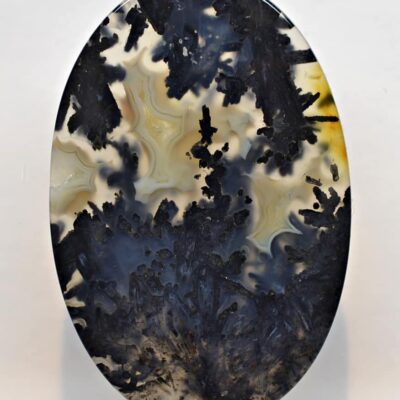 A black and yellow agate on a white surface.