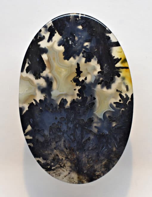 A black and yellow agate on a white surface.