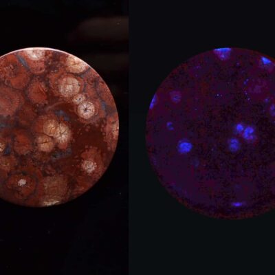 A red and purple stone with a blue light.