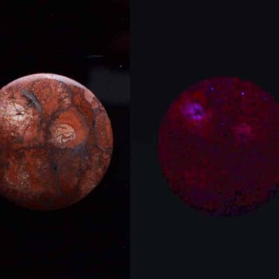 Two images of a red sphere and a black sphere.