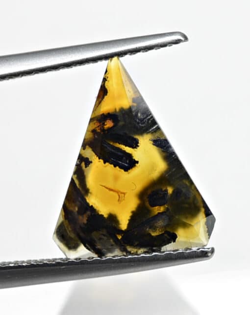 A triangle shaped piece of black and yellow amber.