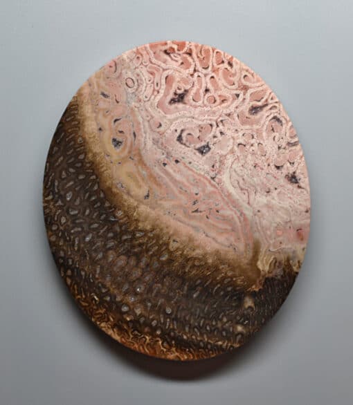 A round piece of wood with brown and pink swirls on it.
