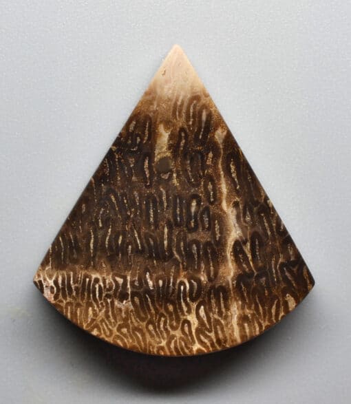 A triangular shaped piece of wood on a white surface.