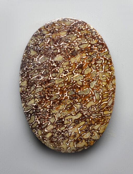 A round piece of stone with brown spots on it.