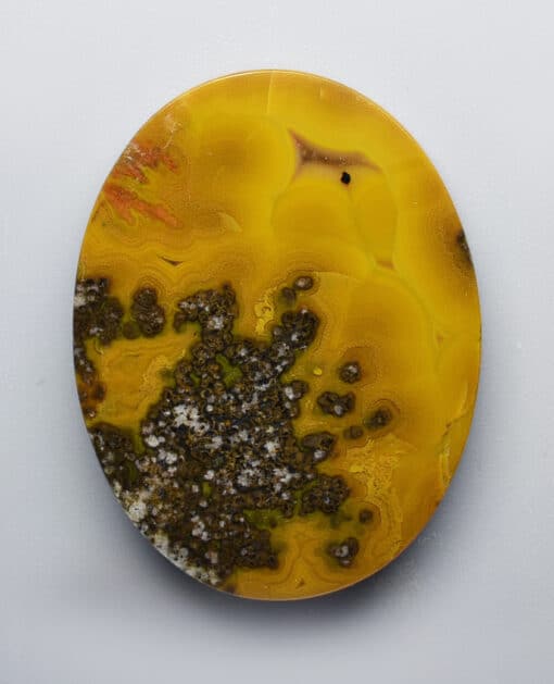 A yellow and black agate plate on a white surface.