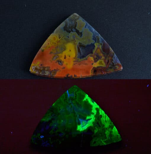 Two pieces of opal that glow in different colors.