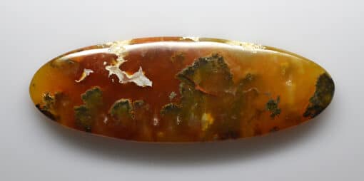 An oval piece of agate on a white surface.