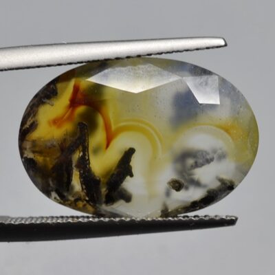 An oval agate stone being held by a pair of pliers.