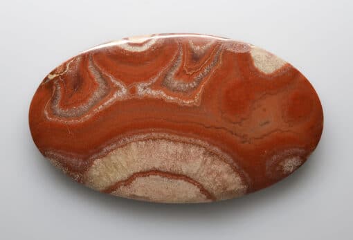 An oval piece of red agate on a white background.