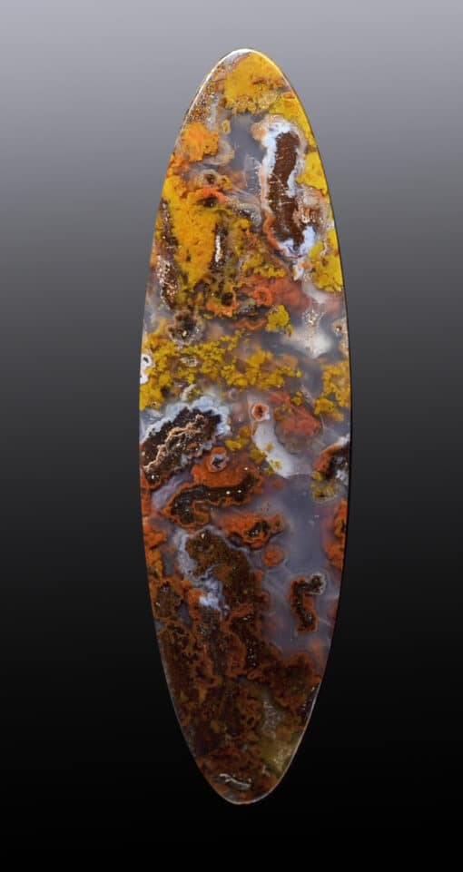An oval piece of agate with orange and brown colors.