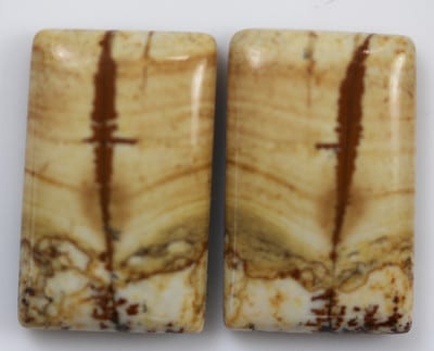 A pair of brown and white marble cabochons on a white surface.
