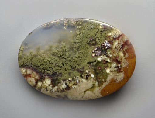 A green and brown agate on a white surface.