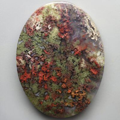 A round piece of green and red mossy rock.
