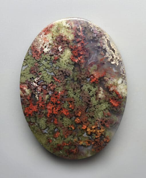 A round piece of green and red mossy rock.