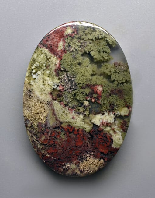 A green, red, and brown stone is displayed on a gray surface.