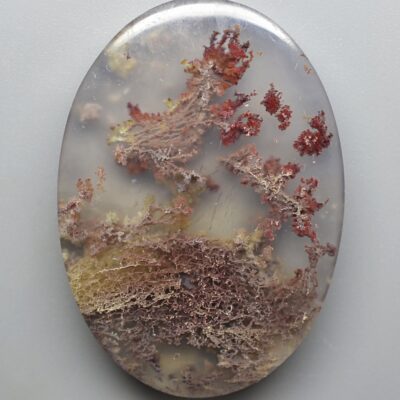 A round piece of agate with lichens on it.