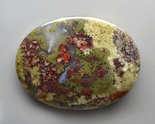 A round piece of mossy stone on a white surface.