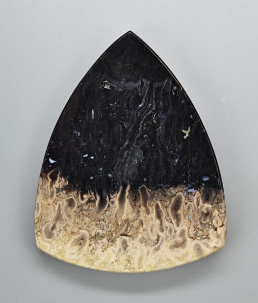 A black and gold triangular plate on a white surface.