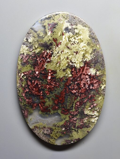 A round piece of stone with red and green moss on it.