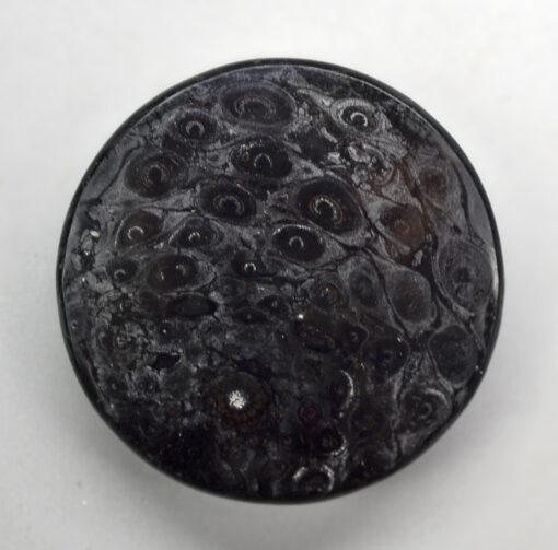A black button with a lot of holes on it.