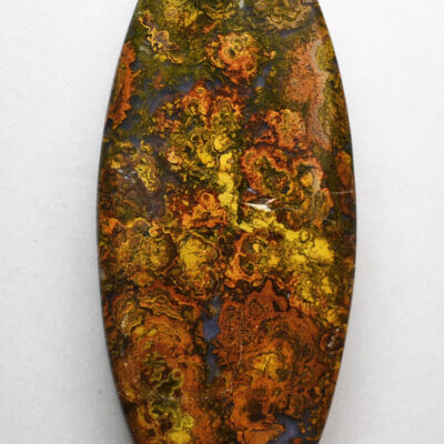 An oval shaped piece of yellow and brown apatite.