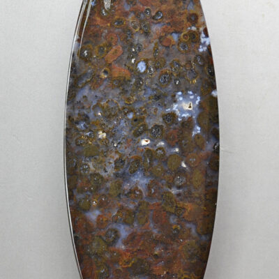An oval shaped stone with brown and blue spots on it.