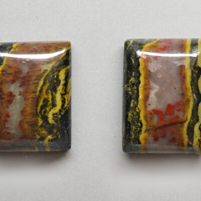 Two pieces of black and yellow agate on a white surface.